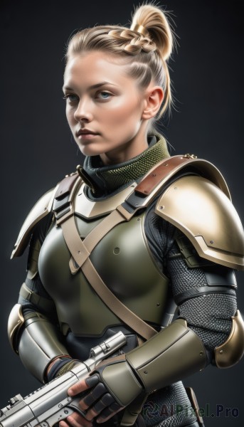 1girl,solo,looking at viewer,short hair,blue eyes,blonde hair,simple background,gloves,holding,upper body,ponytail,weapon,braid,holding weapon,armor,lips,gun,black background,shoulder armor,gauntlets,holding gun,french braid,handgun,pauldrons,breastplate,realistic,nose,trigger discipline,hair pulled back,chainmail,plate armor,fingerless gloves,rifle,hair behind ear,submachine gun