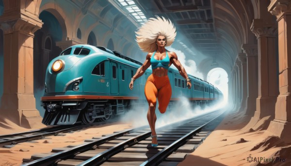 1girl,solo,long hair,breasts,blonde hair,large breasts,cleavage,white hair,shoes,pants,signature,dark skin,dark-skinned female,lips,bodysuit,muscular,abs,tank top,ground vehicle,motor vehicle,walking,running,muscular female,car,big hair,vehicle focus,train,orange pants,jewelry,full body,thighs,barefoot,bracelet,torn clothes,tattoo,thick thighs,wristband,science fiction,sports bra,realistic,nose,narrow waist,facial tattoo,afro,glowing hair