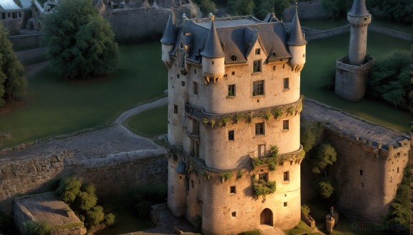 HQ,outdoors,sky,day,tree,no humans,window,grass,building,nature,scenery,forest,stairs,fantasy,road,bush,house,bridge,castle,tower,path,arch,night,plant,city,statue