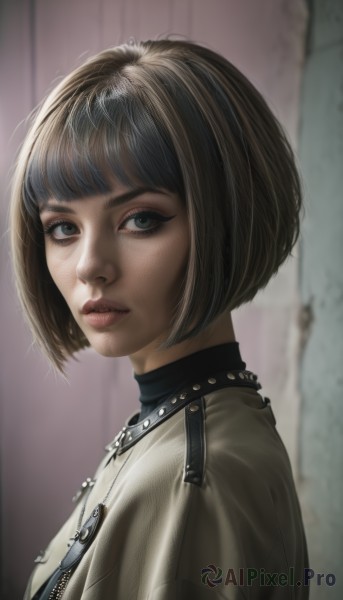 1girl,solo,looking at viewer,short hair,bangs,brown hair,shirt,black hair,jewelry,jacket,upper body,parted lips,artist name,blunt bangs,necklace,blurry,black eyes,collar,from side,lips,looking to the side,grey eyes,eyelashes,makeup,blurry background,bob cut,cross,realistic,nose,leather,blue eyes,signature,watermark,portrait,eyeliner