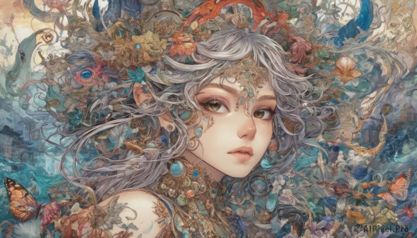 1girl,solo,long hair,looking at viewer,hair ornament,brown eyes,jewelry,yellow eyes,flower,grey hair,earrings,parted lips,lips,floating hair,bug,butterfly,portrait,fish,surreal,bare shoulders,white hair,eyelashes,tattoo,heterochromia