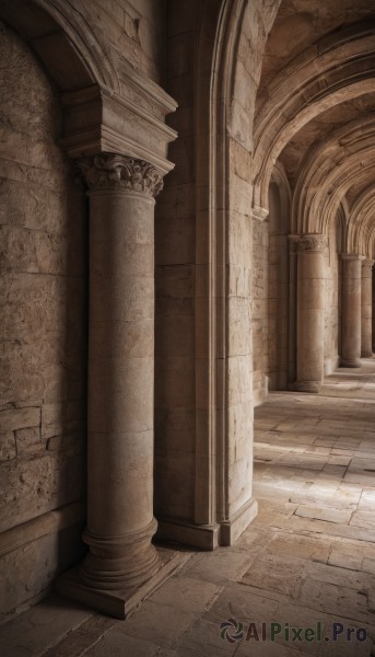 monochrome,outdoors,dutch angle,no humans,sunlight,scenery,stairs,door,wall,pillar,brown theme,arch,column,pavement,stone floor,day,indoors,light rays,architecture,sunbeam,ruins,crack,hallway,cracked wall,brick floor,cracked floor