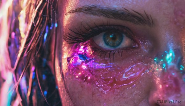 1girl, solo, looking at viewer, blue eyes, blurry, eyelashes, gem, close-up, reflection, eye focus