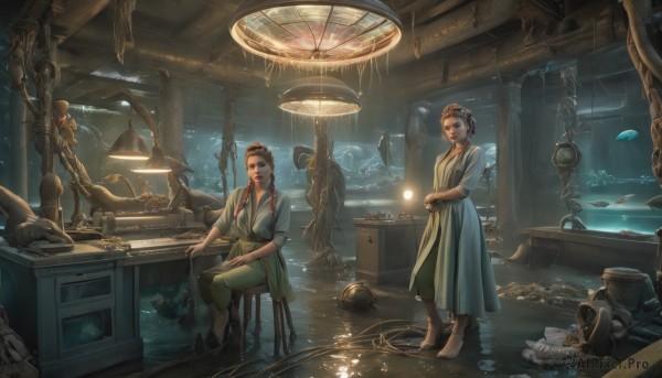 long hair,multiple girls,brown hair,black hair,hair ornament,dress,2girls,jewelry,sitting,standing,earrings,boots,barefoot,pants,indoors,water,hair bun,chair,table,single hair bun,scenery,sleeves rolled up,science fiction,lantern,fantasy,lamp,stool,statue,breasts,cup,fish,robe,realistic,jellyfish