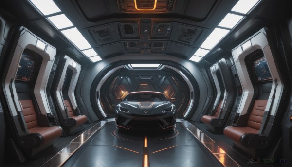 solo,no humans,window,robot,reflection,science fiction,realistic,cockpit,seat,indoors,ground vehicle,scenery,motor vehicle,close-up,car,light,vehicle focus,screen