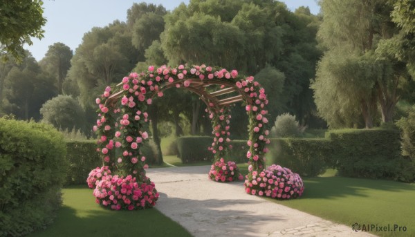 flower,outdoors,sky,day,tree,blue sky,no humans,shadow,grass,plant,nature,scenery,pink flower,forest,road,bush,torii,path,red flower,garden