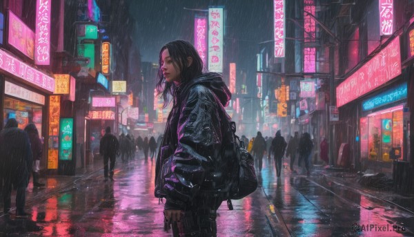A female amidst a idyllic rainy outdoors