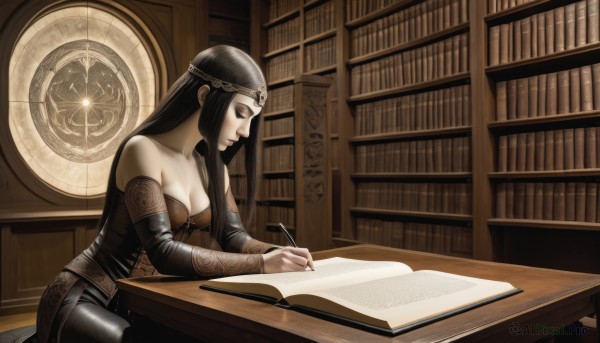 1girl,solo,long hair,breasts,black hair,holding,cleavage,bare shoulders,medium breasts,sitting,closed eyes,detached sleeves,indoors,lips,book,strapless,table,tiara,corset,circlet,open book,realistic,clock,bookshelf,pen,reading,library,writing,long sleeves,dress,closed mouth,collarbone,sidelocks,black eyes,black dress,from side,eyelashes,profile,looking down,pale skin,strapless dress,nose,fantasy,black sleeves,brown dress,magic circle,holding pen,hexagram