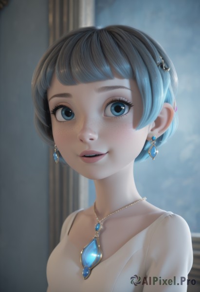 1girl,solo,breasts,looking at viewer,smile,short hair,open mouth,bangs,blue eyes,hair ornament,dress,jewelry,blue hair,collarbone,upper body,grey hair,earrings,small breasts,parted lips,teeth,artist name,blunt bangs,necklace,white dress,blurry,lips,see-through,eyelashes,makeup,blurry background,gem,freckles,realistic,blue gemstone,mascara,shirt,black hair,indoors,pendant,nose