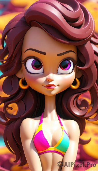 1girl,solo,long hair,breasts,looking at viewer,smile,brown hair,navel,cleavage,bare shoulders,jewelry,closed mouth,purple eyes,collarbone,swimsuit,upper body,bikini,earrings,small breasts,artist name,signature,dark skin,pink eyes,blurry,lips,eyelashes,makeup,blurry background,bikini top only,multicolored clothes,curly hair,hoop earrings,pink bikini,multicolored bikini,v arms,multicolored eyes