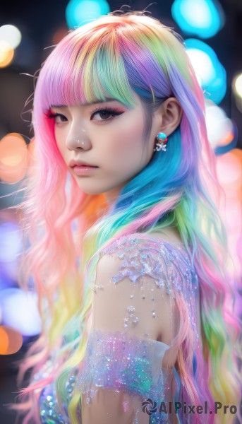 1girl,solo,long hair,looking at viewer,bangs,blonde hair,dress,bare shoulders,jewelry,closed mouth,upper body,pink hair,multicolored hair,earrings,artist name,blunt bangs,blurry,black eyes,from side,lips,see-through,looking to the side,eyelashes,gradient hair,makeup,depth of field,blurry background,watermark,web address,eyeshadow,realistic,nose,eyeliner,bokeh,colorful,mascara,rainbow hair,brown eyes,blue hair,green hair,two-tone hair,aqua hair,wavy hair,lipstick,lens flare