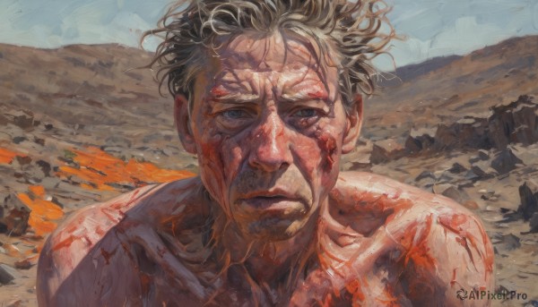 solo,looking at viewer,short hair,blue eyes,blonde hair,brown hair,1boy,closed mouth,collarbone,upper body,male focus,outdoors,sky,day,blood,facial hair,scar,wind,portrait,injury,blood on face,rock,realistic,manly,desert,black hair,grey eyes,serious,debris