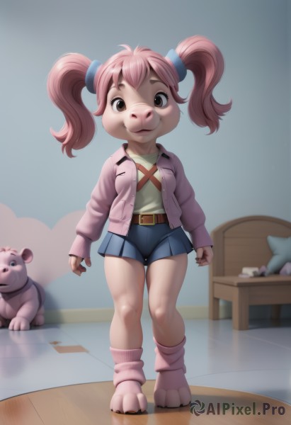 1girl,solo,looking at viewer,smile,skirt,shirt,hair ornament,twintails,brown eyes,standing,jacket,full body,pink hair,thighs,open clothes,shorts,socks,belt,artist name,indoors,miniskirt,open jacket,blue skirt,stuffed toy,table,stuffed animal,child,furry,furry female,female child,pink jacket,leg warmers,breasts,short hair,bangs,long sleeves,animal ears,closed mouth,collarbone,white shirt,pleated skirt,small breasts,shoes,signature,flat chest,pillow,bed,buttons,watermark,pink shirt,realistic,hair tie,arms at sides,brown belt,body fur,animal nose,two-tone fur,drawer,pink fur