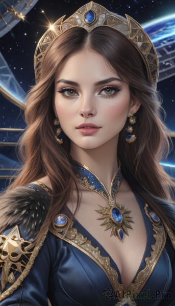 1girl,solo,long hair,breasts,looking at viewer,brown hair,dress,cleavage,brown eyes,jewelry,medium breasts,collarbone,upper body,earrings,parted lips,choker,artist name,necklace,star (symbol),lips,eyelashes,makeup,blue dress,watermark,crown,gem,star (sky),starry sky,freckles,gold trim,realistic,nose,space,planet,earth (planet),blue gemstone,bangs,parted bangs,tiara,forehead