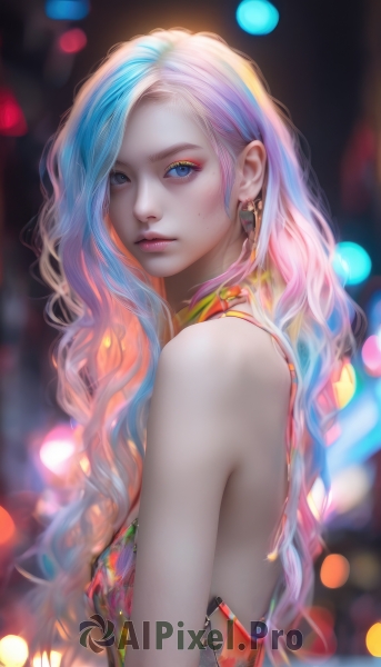 1girl,solo,long hair,breasts,looking at viewer,bangs,blue eyes,dress,bare shoulders,jewelry,closed mouth,blue hair,upper body,pink hair,multicolored hair,earrings,small breasts,sleeveless,artist name,blurry,from side,two-tone hair,lips,eyelashes,makeup,depth of field,blurry background,wavy hair,piercing,eyeshadow,freckles,realistic,nose,bokeh,mascara,white hair,mole,streaked hair,looking to the side,watermark,web address