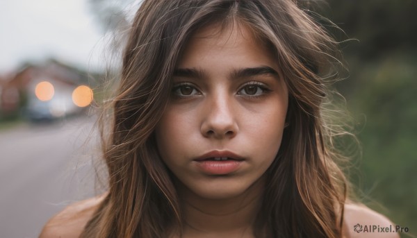 1girl,solo,long hair,looking at viewer,brown hair,brown eyes,parted lips,teeth,blurry,lips,depth of field,blurry background,messy hair,portrait,freckles,realistic,nose,outdoors,choker,day,motor vehicle,close-up