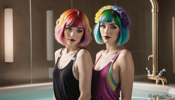 breasts,looking at viewer,smile,short hair,bangs,blue eyes,multiple girls,hair ornament,2girls,cleavage,bare shoulders,brown eyes,closed mouth,underwear,blue hair,collarbone,upper body,pink hair,flower,red hair,multicolored hair,small breasts,green hair,sleeveless,indoors,hair flower,blunt bangs,water,bra,mole,two-tone hair,lips,grey eyes,eyelashes,aqua hair,gradient hair,makeup,bob cut,tank top,lipstick,eyeshadow,freckles,realistic,purple flower,red lips,bathroom,bathtub,sink,shirt,medium breasts,green eyes,swimsuit,bikini,hairband,rose,watermark,multicolored clothes,camisole,faucet,multicolored bikini,body freckles