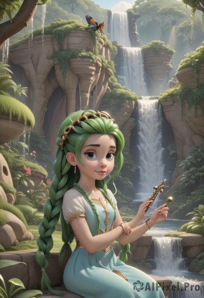 1girl,solo,long hair,breasts,looking at viewer,smile,hair ornament,dress,holding,jewelry,sitting,very long hair,closed mouth,green eyes,collarbone,braid,flower,short sleeves,earrings,small breasts,outdoors,green hair,day,puffy sleeves,artist name,water,necklace,twin braids,bracelet,tree,puffy short sleeves,lips,blue dress,leaf,watermark,thick eyebrows,bug,plant,butterfly,instrument,nature,scenery,web address,forest,green dress,waterfall,moss,fountain,vines,ladybug