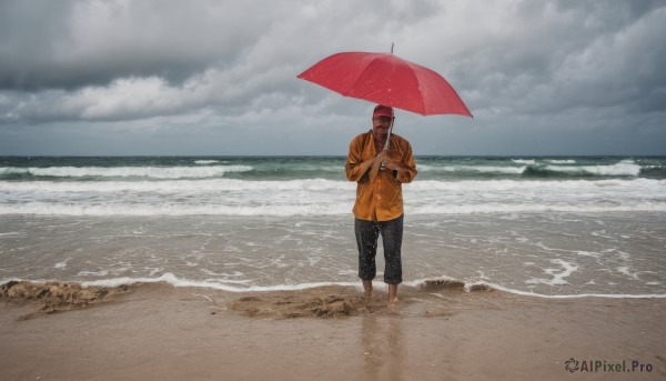 solo,short hair,shirt,long sleeves,1boy,holding,standing,male focus,red hair,outdoors,sky,barefoot,collared shirt,pants,cloud,water,facial hair,ocean,umbrella,beach,black pants,cloudy sky,rain,holding umbrella,sand,wide shot,waves,grey sky,red umbrella,black hair,hat,day,horizon