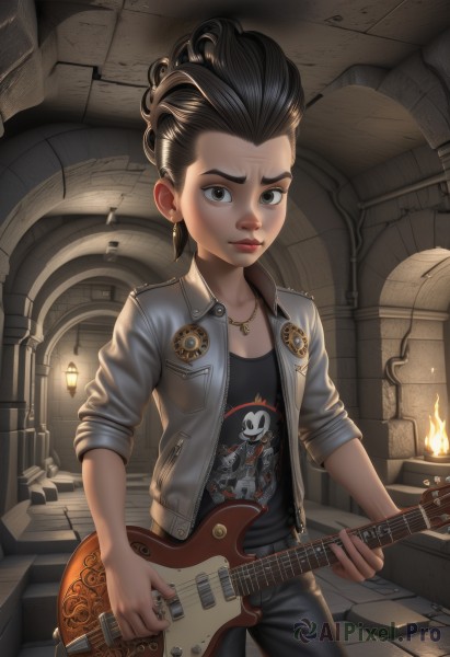 1girl,solo,looking at viewer,short hair,brown hair,shirt,black hair,holding,brown eyes,jewelry,standing,jacket,cowboy shot,earrings,open clothes,pants,indoors,necklace,lips,black shirt,fire,denim,instrument,forehead,sleeves rolled up,skull,jeans,realistic,nose,music,guitar,candle,leather,print shirt,badge,playing instrument,holding instrument,electric guitar,leather jacket,denim jacket,stairs,sleeves pushed up