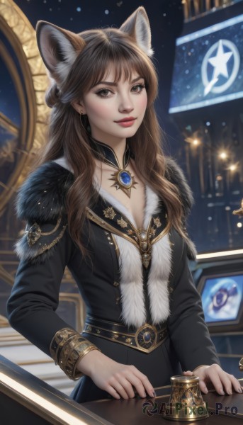 1girl,solo,long hair,breasts,looking at viewer,smile,bangs,brown hair,long sleeves,animal ears,cleavage,brown eyes,jewelry,jacket,earrings,indoors,cat ears,necklace,mole,blurry,lips,black jacket,animal ear fluff,fur trim,fox ears,bell,blurry background,brooch,gem,fur collar,dress,medium breasts,artist name,black dress,window,extra ears,realistic