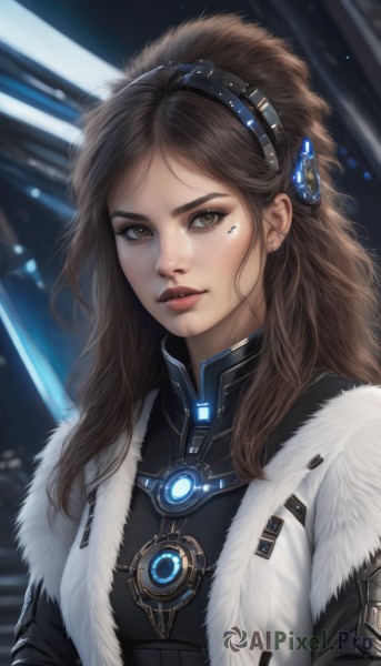 1girl,solo,long hair,looking at viewer,brown hair,brown eyes,jewelry,jacket,upper body,hairband,parted lips,open clothes,blurry,lips,coat,fur trim,makeup,blurry background,headgear,freckles,science fiction,realistic,nose,breasts,bangs,hair ornament,earrings,artist name,mole,open jacket,parted bangs,bodysuit,facial mark,neon trim