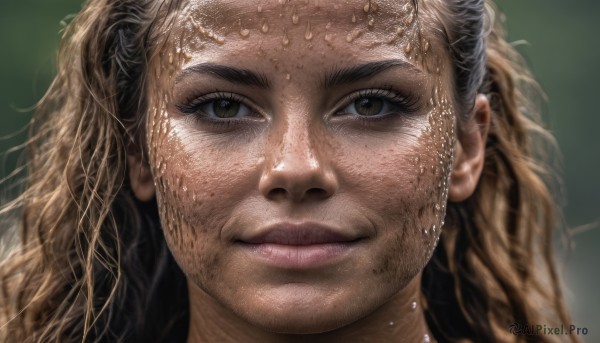 1girl,solo,long hair,looking at viewer,smile,blonde hair,brown hair,1boy,twintails,brown eyes,closed mouth,male focus,blurry,lips,wet,blurry background,portrait,close-up,freckles,realistic,nose,facial hair,dirty