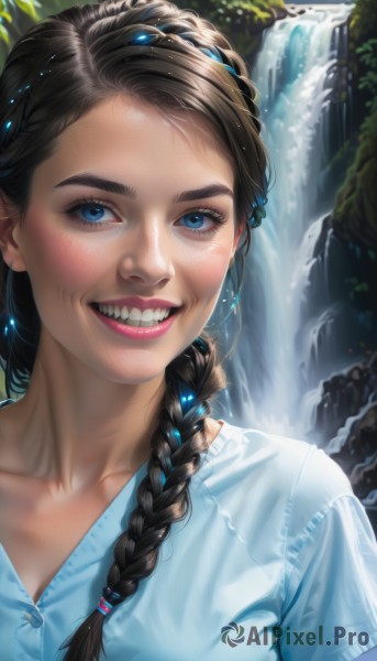 1girl,solo,long hair,breasts,looking at viewer,smile,blue eyes,brown hair,shirt,black hair,hair ornament,collarbone,white shirt,upper body,braid,short sleeves,outdoors,teeth,day,artist name,signature,water,grin,lips,eyelashes,single braid,makeup,blue shirt,portrait,hair over shoulder,freckles,realistic,nose,waterfall,mascara,bangs,jewelry,earrings,watermark,lipstick,web address