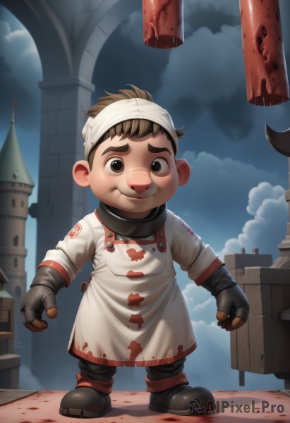 solo,looking at viewer,smile,short hair,brown hair,gloves,1boy,brown eyes,standing,full body,male focus,boots,outdoors,sky,teeth,black gloves,cloud,black footwear,blood,night,cloudy sky,child,blood on clothes,male child,food,artist name,apron,fruit,headband,thick eyebrows