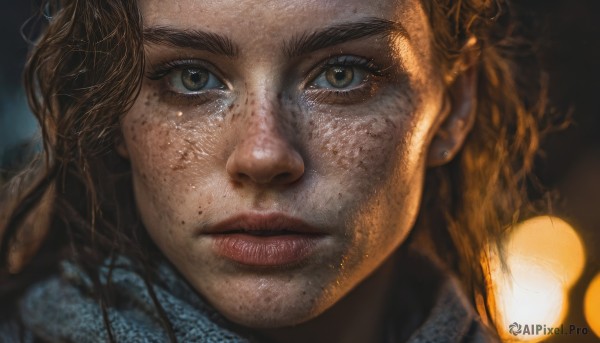 1girl,solo,long hair,looking at viewer,brown hair,brown eyes,jewelry,closed mouth,earrings,scarf,mole,blurry,lips,depth of field,blurry background,portrait,close-up,freckles,realistic,nose,stud earrings,bokeh,eyelashes,light