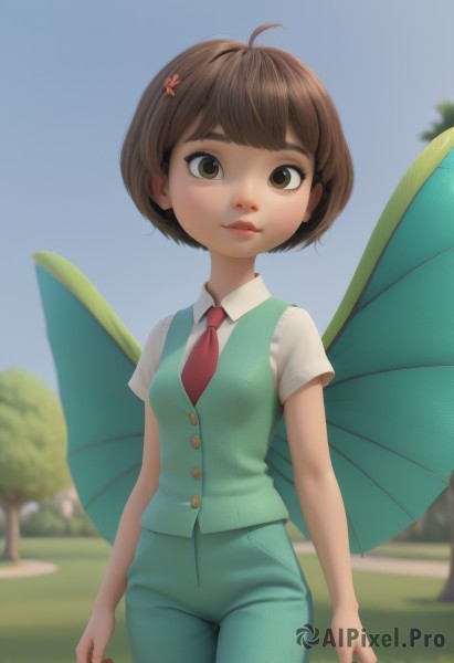 1girl,solo,breasts,looking at viewer,short hair,bangs,brown hair,shirt,hair ornament,brown eyes,closed mouth,standing,white shirt,flower,ahoge,short sleeves,cowboy shot,small breasts,outdoors,wings,necktie,sky,day,collared shirt,pants,artist name,hair flower,blurry,vest,tree,blue sky,lips,buttons,blurry background,grass,red necktie,freckles,arms at sides,fairy,green vest,green pants,butterfly wings,insect wings,school uniform,parted lips,hairclip,leaf,bob cut,thick eyebrows