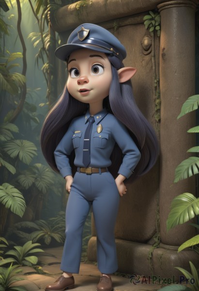 1girl,solo,long hair,smile,open mouth,shirt,black hair,long sleeves,hat,brown eyes,standing,full body,necktie,shoes,teeth,pointy ears,collared shirt,belt,pants,uniform,brown footwear,blue shirt,peaked cap,blue headwear,pocket,hands on hips,blue necktie,blue pants,breast pocket,police,police uniform,policewoman,police hat,yordle,outdoors,parted lips,lips,plant,brown belt