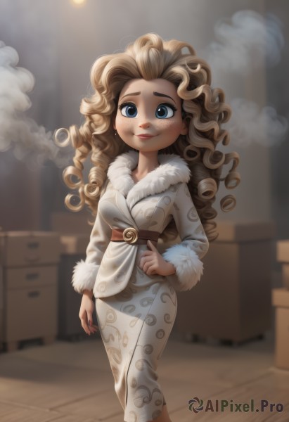 1girl,solo,long hair,breasts,looking at viewer,smile,blue eyes,blonde hair,brown hair,long sleeves,cleavage,jewelry,medium breasts,closed mouth,standing,earrings,belt,artist name,indoors,nail polish,blurry,lips,coat,hand on hip,fur trim,makeup,blurry background,smoke,freckles,walking,curly hair,white coat,brown belt,fur coat,bathrobe,red nails