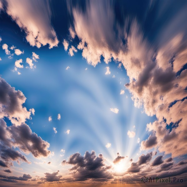 outdoors,sky,day,cloud,blue sky,no humans,sunlight,cloudy sky,grass,scenery,sunset,sun,horizon,landscape,sunrise,solo,tree,dutch angle,bird,lens flare,light rays,silhouette,fisheye,very wide shot