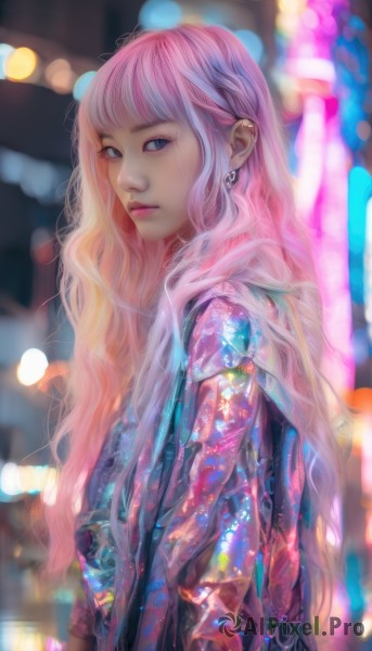 1girl,solo,long hair,looking at viewer,bangs,blue eyes,jewelry,closed mouth,jacket,upper body,pink hair,multicolored hair,earrings,blurry,from side,lips,makeup,depth of field,blurry background,wavy hair,piercing,lipstick,ear piercing,realistic,nose,bokeh,outdoors,artist name,blunt bangs,eyelashes,gradient hair,watermark,expressionless,gem,science fiction,cyberpunk