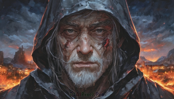 solo,looking at viewer,1boy,closed mouth,white hair,grey hair,male focus,outdoors,sky,cloud,hood,grey eyes,blood,night,facial hair,scar,cloudy sky,fire,building,portrait,beard,scar on face,hood up,blood on face,city,realistic,cityscape,manly,old,old man,close-up,mountain,embers