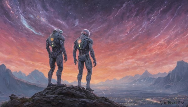 1boy,standing,male focus,outdoors,multiple boys,sky,cloud,signature,2boys,from behind,armor,night,helmet,robot,star (sky),scenery,starry sky,science fiction,sunset,mountain,realistic,alien,mountainous horizon,power armor,spacesuit,power suit,military,no humans,glowing,cloudy sky,mecha,military vehicle,spacecraft,dusk