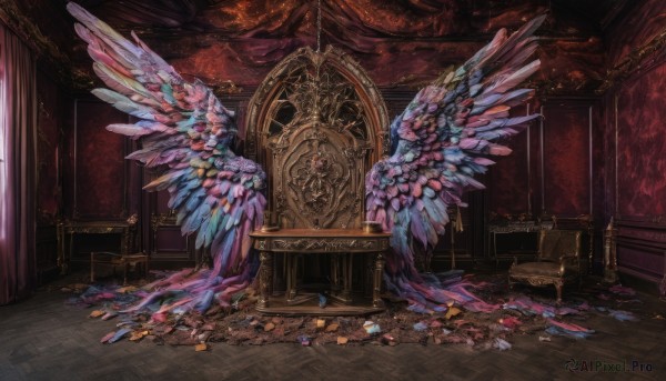 wings,indoors,no humans,window,chair,table,curtains,scenery,feathered wings,crystal,wooden floor,fantasy,door,throne,carpet,rug,treasure chest,feathers,angel wings,clock,colorful,multiple wings,stained glass