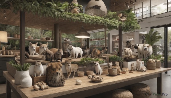 food,indoors,cup,no humans,window,animal,chair,table,cat,bottle,plant,scenery,bowl,basket,potted plant,lamp,shelf,jar,deer,loaded interior,tree,plate,dog,cookie,sheep,counter,squirrel