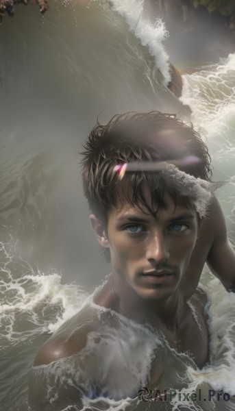 1girl,solo,looking at viewer,short hair,blue eyes,brown hair,black hair,1boy,male focus,solo focus,dark skin,water,lips,wet,facial hair,ocean,beach,partially submerged,realistic,waves,afro,jewelry,closed mouth,upper body,outdoors,necklace,from above,sunlight,dark-skinned male