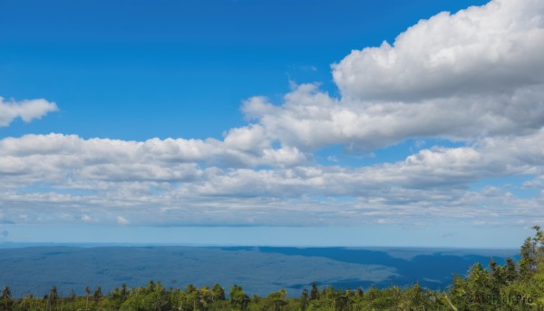 outdoors,sky,day,cloud,water,tree,blue sky,no humans,ocean,cloudy sky,grass,nature,scenery,forest,mountain,horizon,summer,landscape,mountainous horizon