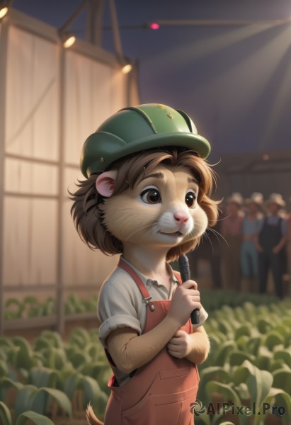 1girl,solo,smile,short hair,brown hair,shirt,hat,holding,animal ears,brown eyes,standing,tail,white shirt,short sleeves,outdoors,solo focus,day,collared shirt,artist name,indoors,blurry,blurry background,child,furry,green headwear,furry female,female child,overalls,furry male,body fur,whiskers,blue overalls,1boy,upper body,male focus,night,depth of field,leaf,thick eyebrows,plant,microphone,realistic