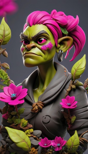 1girl,solo,short hair,1boy,jewelry,closed mouth,upper body,ponytail,pink hair,flower,male focus,earrings,pointy ears,pink eyes,grey background,colored skin,leaf,looking away,plant,pink flower,hoop earrings,nose,facepaint,green skin,mohawk,goblin,cape,frown,cloak,serious,alien,tusks