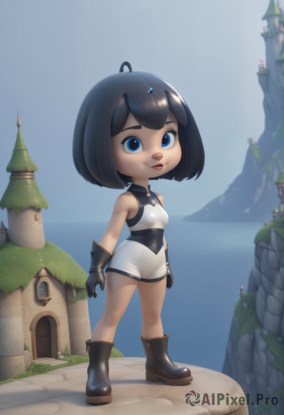 1girl,solo,breasts,looking at viewer,smile,short hair,bangs,blue eyes,black hair,gloves,bare shoulders,standing,full body,ahoge,small breasts,boots,outdoors,parted lips,sky,shorts,sleeveless,day,black gloves,water,chibi,black footwear,blue sky,lips,bob cut,building