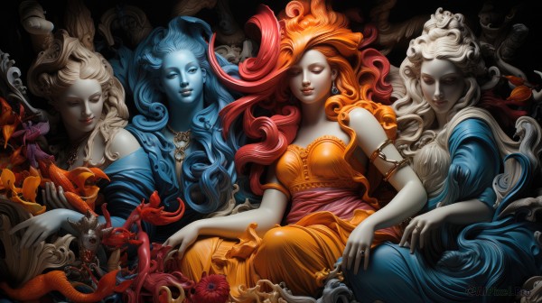 long hair,breasts,multiple girls,blonde hair,hair ornament,dress,bare shoulders,jewelry,medium breasts,sitting,closed mouth,blue hair,closed eyes,flower,white hair,red hair,earrings,parted lips,sleeveless,artist name,3girls,necklace,nail polish,orange hair,bracelet,lips,eyelashes,4girls,makeup,sleeveless dress,blue dress,glowing,colored skin,wavy hair,ring,5girls,monster girl,tentacles,armlet,blue nails,curly hair,blue skin,statue,orange dress,blue eyes,horns,pointy ears,watermark,pale skin,fish,realistic,octopus