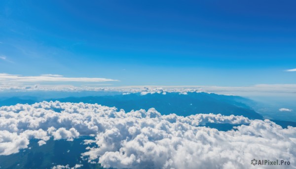 monochrome,outdoors,sky,day,cloud,blue sky,no humans,bird,ocean,cloudy sky,scenery,blue theme,mountain,horizon,landscape,above clouds,water