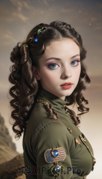 1girl,solo,long hair,breasts,looking at viewer,blue eyes,brown hair,black hair,hair ornament,jewelry,upper body,outdoors,parted lips,sky,cloud,blurry,uniform,from side,lips,military,eyelashes,military uniform,makeup,blurry background,wavy hair,lipstick,gem,eyeshadow,curly hair,green jacket,realistic,nose,red lips,eyeliner,badge,ringlets,mascara,medal,medium breasts,jacket,earrings,teeth,artist name,drill hair,forehead