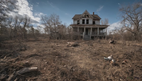 outdoors,sky,day,cloud,tree,blue sky,no humans,grass,ground vehicle,building,nature,scenery,motor vehicle,forest,rock,mountain,road,ruins,house,bare tree,landscape,window,cloudy sky,path