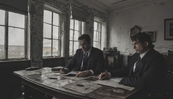 short hair,shirt,black hair,long sleeves,sitting,closed mouth,jacket,white shirt,male focus,multiple boys,necktie,collared shirt,indoors,2boys,black jacket,gun,window,facial hair,chair,formal,table,suit,black necktie,desk,paper,realistic,pen,black suit,hat,holding,book,drawing,writing