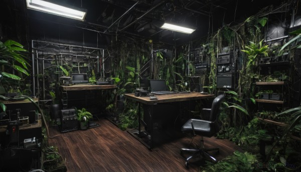 indoors,no humans,window,chair,table,plant,scenery,desk,wooden floor,potted plant,lamp,cable,computer,ruins,monitor,laptop,office chair,ceiling light,overgrown,light,dark,keyboard (computer),ceiling,mouse (computer),office